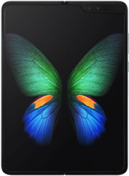 Samsung Galaxy Fold, open, displaying colorful butterfly wings on screen