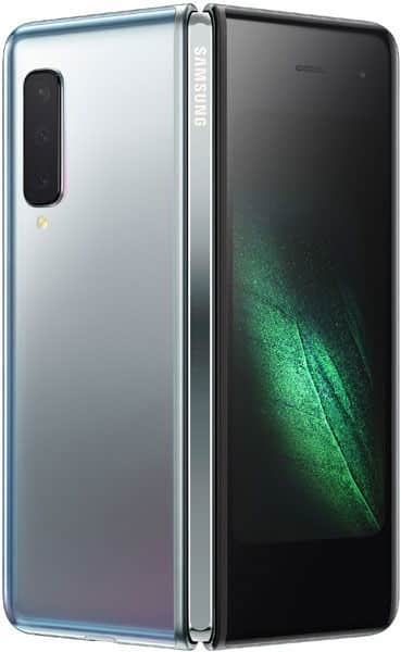 Samsung Galaxy Fold open, showing rear camera on back panel and inner display with green abstract wallpaper