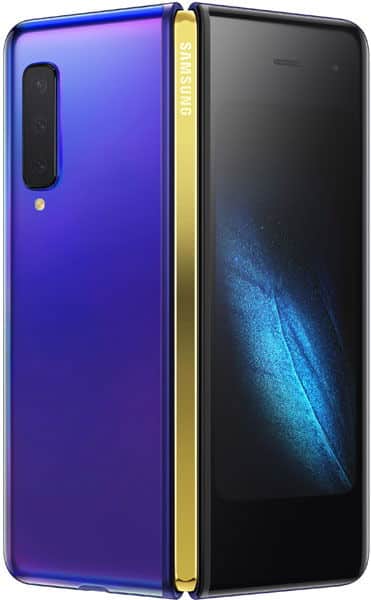 Samsung Galaxy Fold in blue, shown open at an angle displaying the inner screen and outer back panel with camera