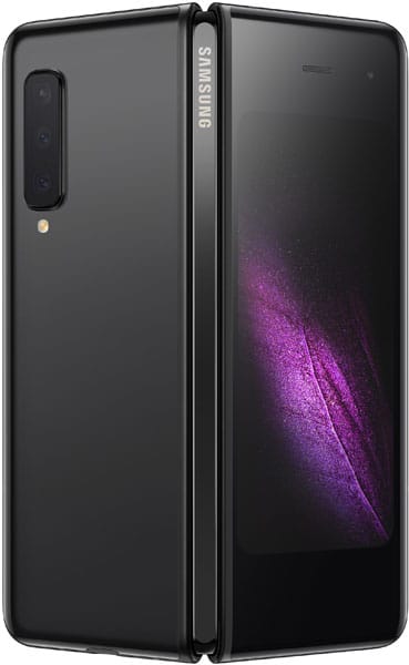 Samsung Galaxy Fold, open position with outer display showing purple abstract wallpaper and inner camera module visible on back panel