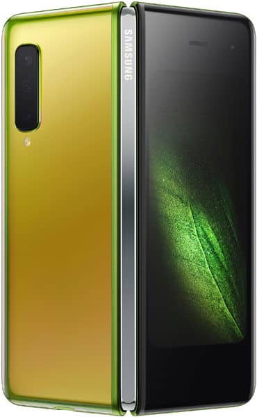 Samsung Galaxy Fold open in tent mode, showing lime green rear back panel and dark inner display screen with green abstract wallpaper