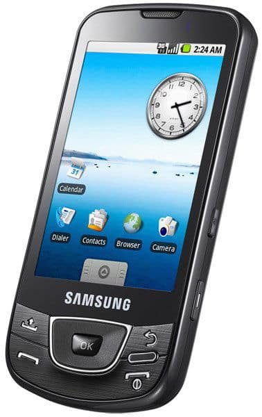 Samsung Galaxy front view displaying home screen with clock widget, app icons, and physical navigation buttons below screen
