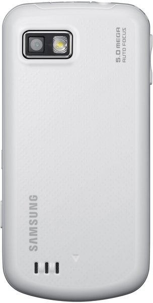 Samsung Galaxy rear view, white phone with dual camera and flash, Samsung branding visible