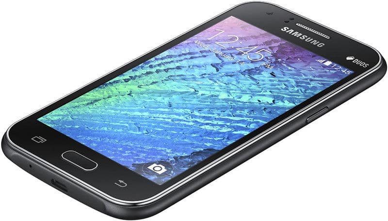 Samsung Galaxy J1 front view, black smartphone with colorful water-pattern display and physical buttons below screen