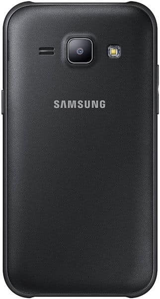Samsung Galaxy J1 rear view showing black textured back with camera and Samsung branding