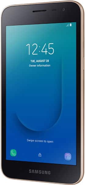 Samsung Galaxy J2 Core front view with lock screen displaying time 12:45 and date Tuesday August 28