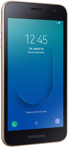 Samsung Galaxy J2 Core front view, displaying lock screen with time 12:45 and date Tuesday August 28