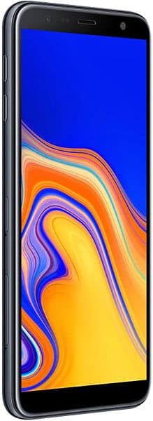 Samsung Galaxy J4+ in dark grey at a front-side angle, showing rounded edges, side buttons, and colorful abstract display.