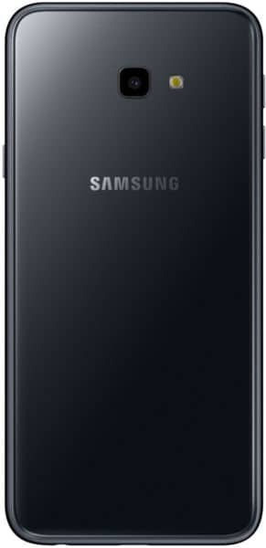 Rear view of black Samsung Galaxy J4+ showing single rear camera, LED flash at top, and centered Samsung logo.