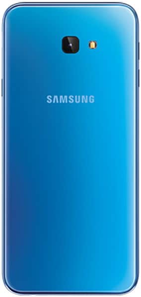 Rear view of blue Samsung Galaxy J4+ with single rear camera, LED flash, and centered Samsung logo on upper half.