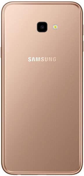 Rear view of rose gold Samsung Galaxy J4+ showing single camera, LED flash, and centered Samsung logo on upper back.