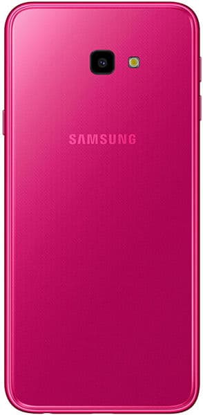 Rear view of pink Samsung Galaxy J4+ showing single rear camera, flash, and centered Samsung logo.