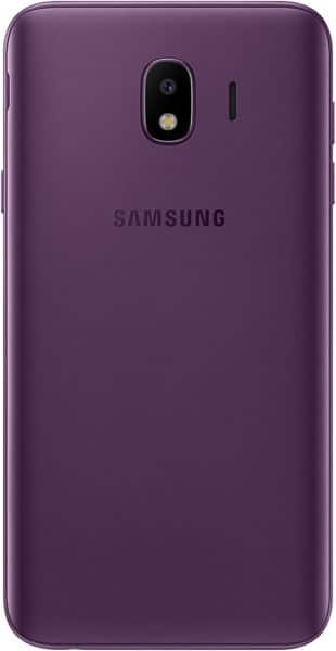 Samsung Galaxy J4 rear view, purple, showing camera and flash at top center