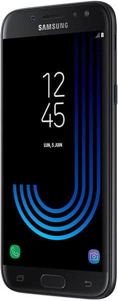 Samsung Galaxy J5 (2017) front view with black screen displaying time 12:45 and blue curved lines design