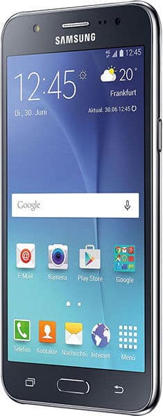 Samsung Galaxy J5 smartphone, front view, displaying home screen with time, weather, and app icons