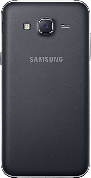 Samsung Galaxy J5 rear view, showing dark gray back panel with camera, flash, and Samsung branding