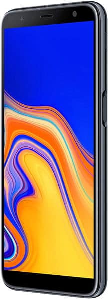 Samsung Galaxy J6+ front view with blue, orange, and yellow wallpaper on screen