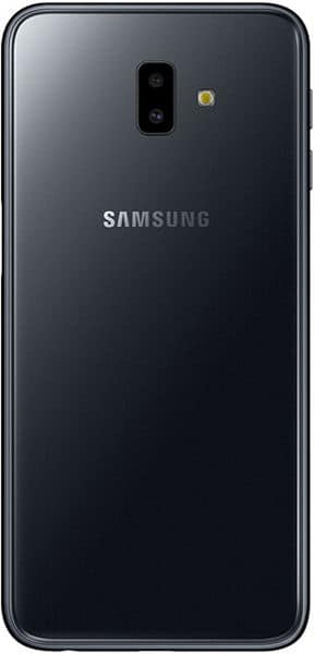 Samsung Galaxy J6+ rear view showing black back panel with dual camera and Samsung logo