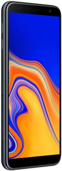 Samsung Galaxy J6+ front view displaying colorful abstract wallpaper with blue, orange, and yellow swirling patterns on screen