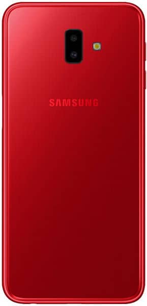 Samsung Galaxy J6+ rear view, red finish, showing dual camera and Samsung logo