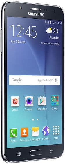 Samsung Galaxy J7 front view with home screen showing time, weather, and app icons including Email, Camera, Play Store, and Phone