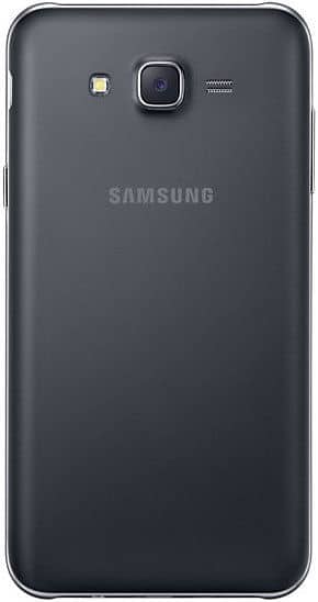Samsung Galaxy J7 rear view, showing dark gray back panel with camera and Samsung logo