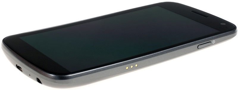 Samsung Galaxy Nexus smartphone, front view with dark screen and silver curved bezel