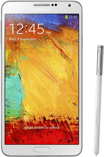 Front view of white Samsung Galaxy Note 3 with stylus beside it; screen on showing 12:45 PM and abstract wallpaper.
