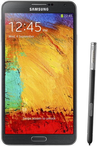 Front view of Samsung Galaxy Note 3 with display on, showing time, date, and stylus pen beside it. Unlock message visible onscreen.