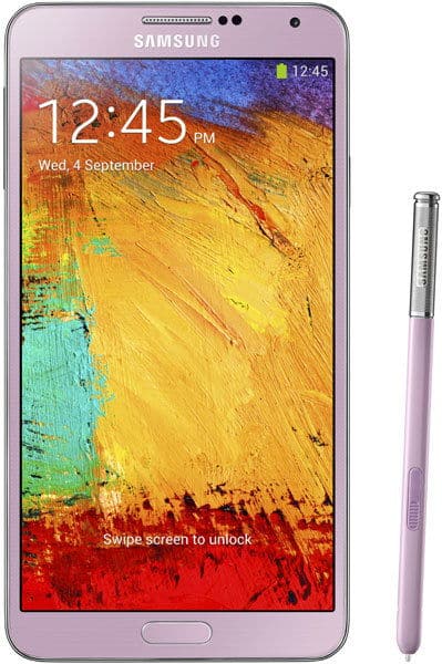 Front view of pink Samsung Galaxy Note 3 with S Pen beside it; display shows 12:45, Sept 4, and "Swipe screen to unlock.