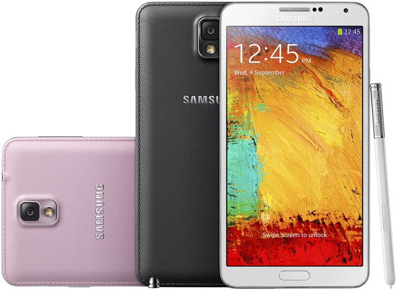 Samsung Galaxy Note 3 shown: rear views in black and pink, front view in white with home screen; stylus next to white phone.