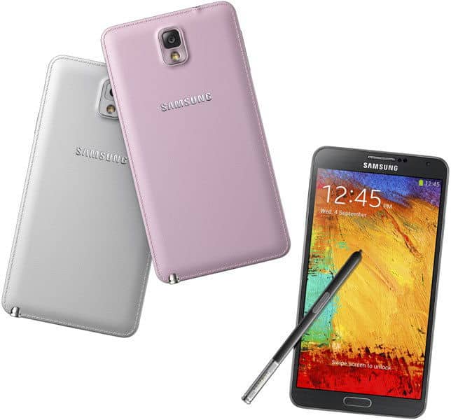 Rear view of white and pink Galaxy Note 3 phones; third Samsung phone shows front display with stylus in front.
