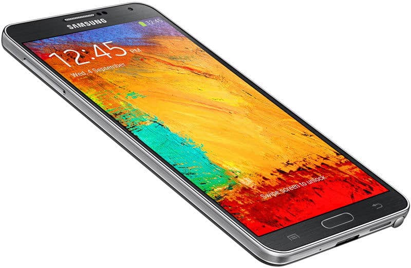 Samsung Galaxy Note 3 angled to show front display with time/date and side view highlighting slim profile and side buttons.