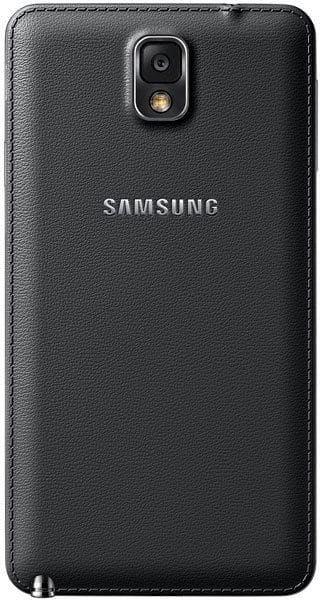 Rear view of Samsung Galaxy Note 3 showing black textured cover, centered camera and flash, Samsung logo, and edge stitching.