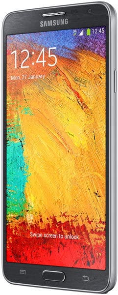 Front view of Samsung Galaxy Note 3 Neo showing colorful display, time 12:45, date Jan 27, and "Swipe screen to unlock.