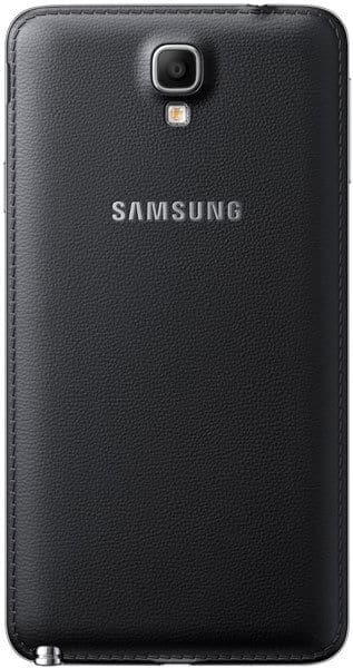 Rear view of black Samsung Galaxy Note 3 Neo showing textured back, top-center camera and flash, and silver Samsung logo.