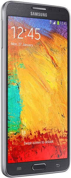 Front view of Samsung Galaxy Note 3 Neo showing lock screen, abstract wallpaper, time 12:45, and "Swipe screen to unlock.