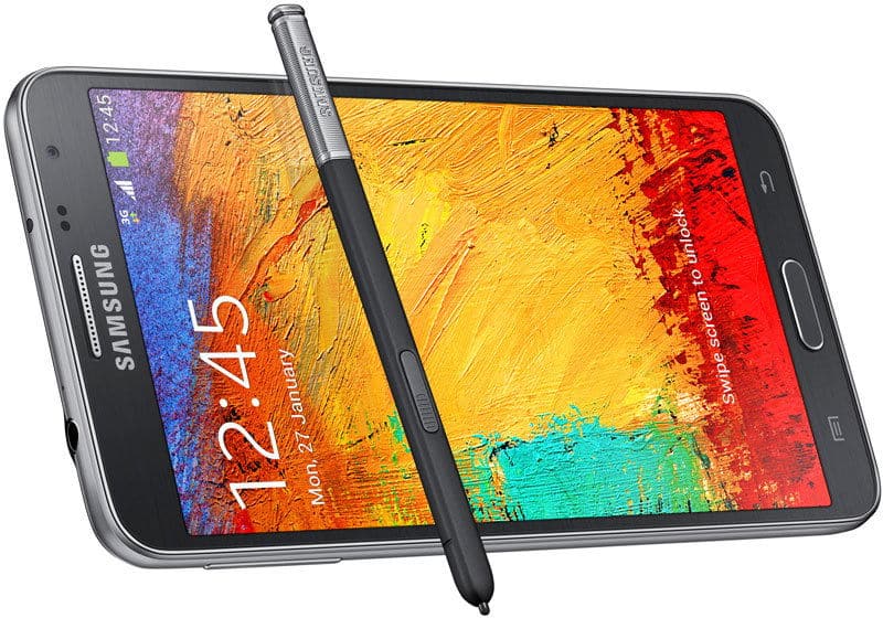 Front view of Samsung Galaxy Note 3 Neo with stylus on screen, showing 12:45 and Monday, 27 January on display.