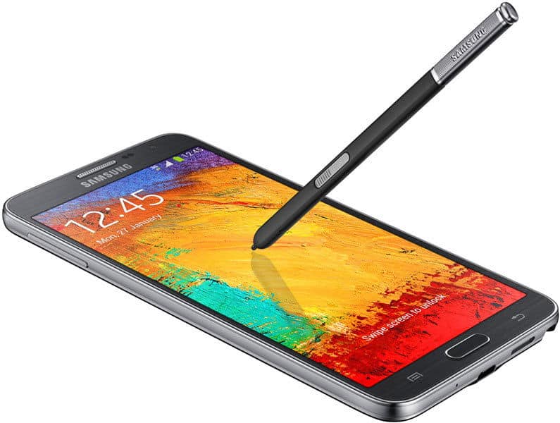 Front angled view of a black Samsung Galaxy Note 3 Neo with stylus touching the screen, time 12:45, on white background.
