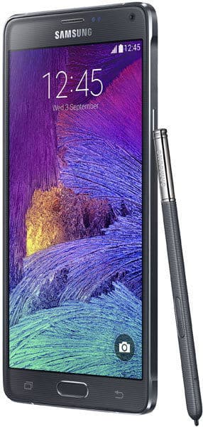 Samsung Galaxy Note 4 front view with stylus, displaying purple and blue landscape wallpaper on screen