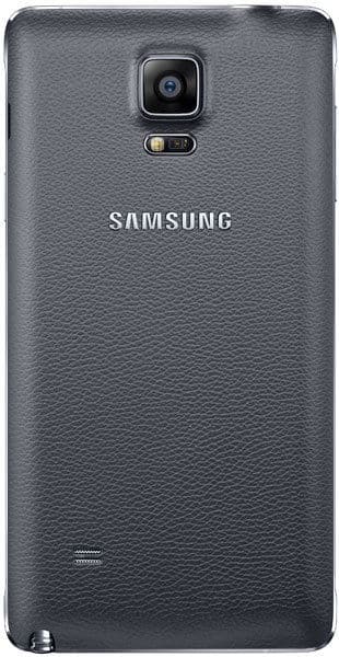 Samsung Galaxy Note 4 rear view showing dark textured back panel with camera and Samsung logo