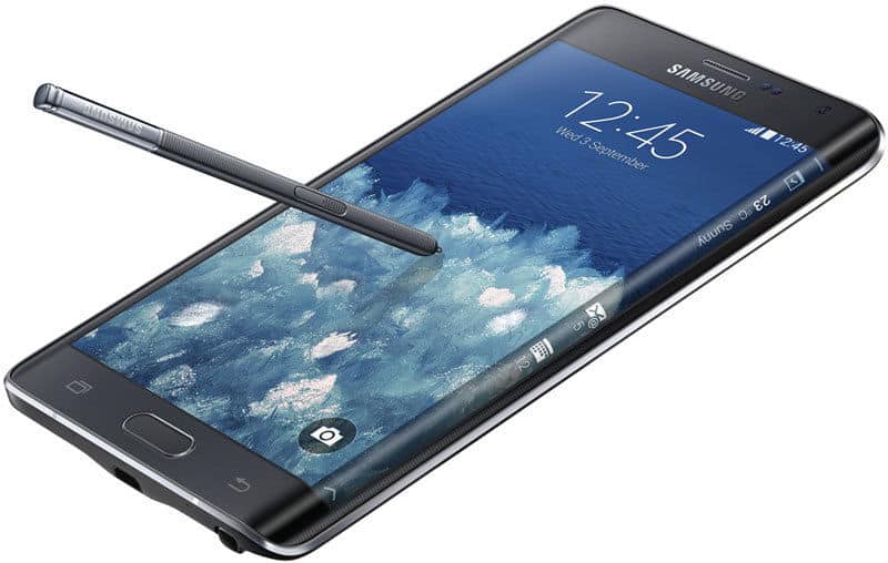 Samsung Galaxy Note Edge front view with stylus, showing cloud wallpaper and time display on curved edge screen