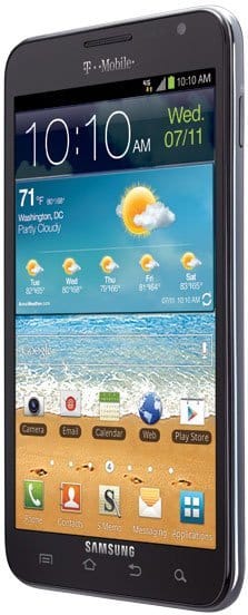 Samsung Galaxy Note front view showing home screen with weather widget and app icons