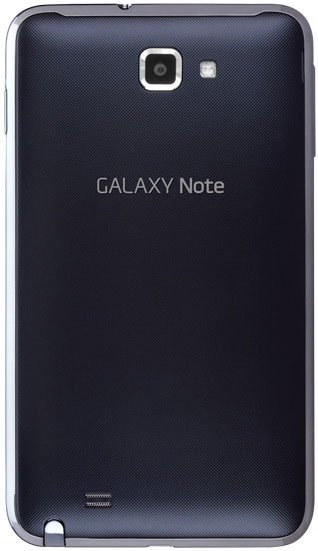 Samsung Galaxy Note rear view, dark gray back with camera and branding text visible