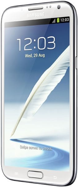 Samsung Galaxy Note II, front view, displaying lock screen with time 12:03 and stylus illustration