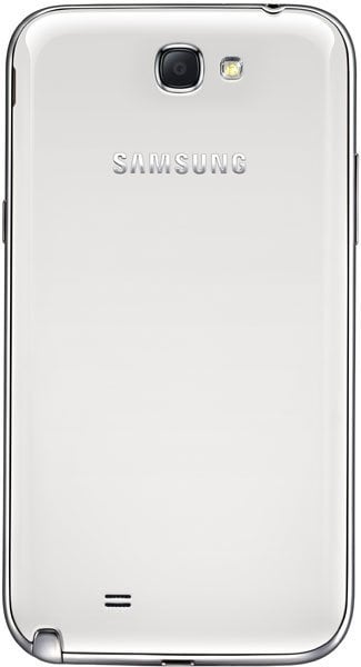 Samsung Galaxy Note II rear view, white with camera and flash visible at top