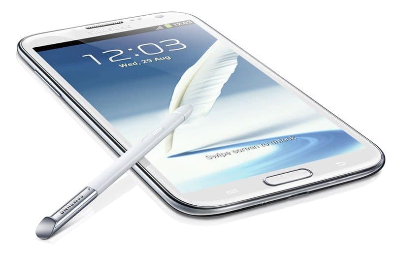 Samsung Galaxy Note II front view with stylus, displaying lock screen with time and date