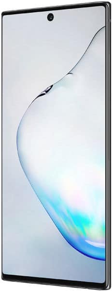 Front view of a Samsung Galaxy Note10-like phone with a large bezel-less display and centered front camera, screen on.