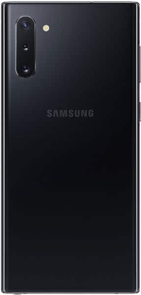 Rear view of black Samsung Galaxy Note10 showing triple vertical cameras, LED flash, and centered Samsung logo on the back panel.