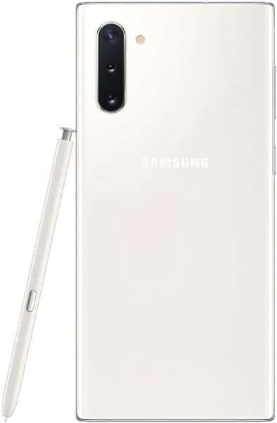 Rear view of white Samsung Galaxy Note10 with triple cameras, flash, Samsung logo, and white stylus pen beside it.